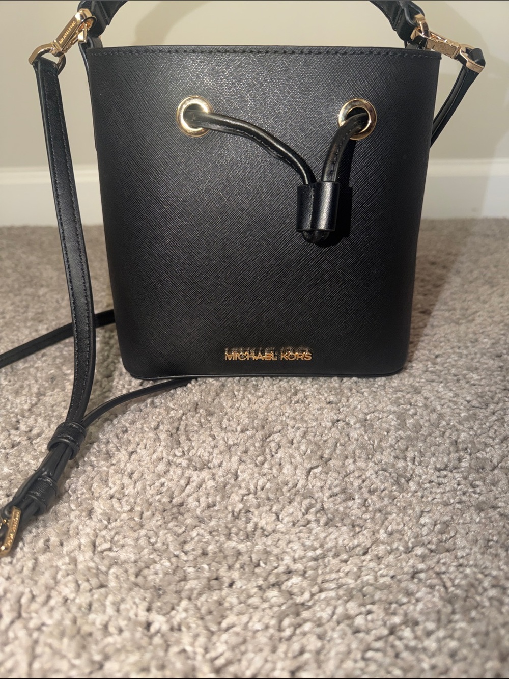 Michael Kors Black Saffiano Leather Drawstring Crossbody Bag